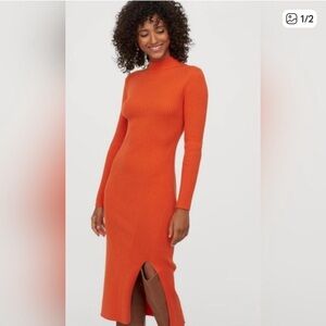 H&M Orange Ribbed Knit Sweater Dress